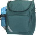 Teal waterproof padded backpack with curved top flap, front zippered pocket, mesh side bottle holder and reflective trim