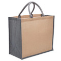 FIELDS 28L blank plain eco-friendly natural+grey jute tote bag with wide gusset and cotton handles for wholesale screen printing.
