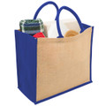 Natural jute tote bag with royal blue side panels, gusset and handles, filled with picnic items