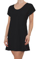 Model wearing black short sleeve sleep dress with scoop neck and relaxed A-line silhouette