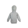 Heather grey kids hoodie with kangaroo pocket and ribbed cuffs on plain background
