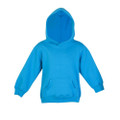 Bright azure blue kids hoodie with kangaroo pocket and ribbed cuffs on white background