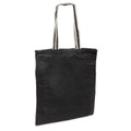 Black jute tote bag with black and white striped handles, flat front panel, packshot on white