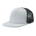 White front panel flat peak trucker cap with charcoal mesh back and structured crown