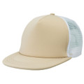 Cream front panel trucker cap with white mesh back and flat peak featuring structured crown
