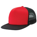 Red front panel trucker cap with black mesh back and flat black peak