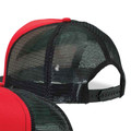 Red front panel trucker cap with black mesh back and snapback closure
