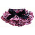 Pink and black plaid ruffled baby bloomers with black satin bow detail at waistband