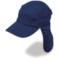 Navy blue kids legionnaire cap with structured peak and rear neck flap, smooth poly viscose fabric