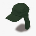 Bottle green kids legionnaire cap with structured peak and trailing neck flap, packshot view