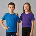 Kids wearing bright blue and purple crew neck bamboo t-shirts with short sleeves