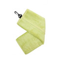 Lime green tri-fold bamboo golf towel with black metal carabiner clip, soft plush texture
