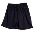 Navy athletic shorts with elasticated waistband and drawstring cord