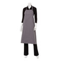 Charcoal grey chef's apron with white vertical pinstripes and adjustable neck strap on mannequin