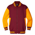 Kids varsity jacket in maroon with gold contrast sleeves, stripe rib collar, cuffs, hem, and full-length zip
