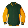 Kids varsity jacket in bottle green with gold sleeves, zip front, ribbed collar, cuffs, and hem with contrast gold stripes