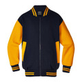 Navy varsity jacket with gold contrast sleeves, striped rib collar and cuffs, front zip closure