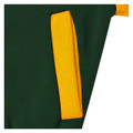 Close-up of bottle green kids baseball jacket with gold contrast side pocket and ribbed trim detail