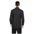 Male model wearing black long sleeve banded collar shirt, rear view showing clean back panel and button cuffs