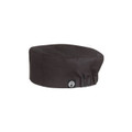 Black chef beanie hat with elastic gathered back and small silver logo badge