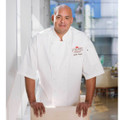 White short sleeve chef jacket with contrast black buttons and mesh ventilation panels
