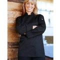 Black long sleeve chef jacket with mandarin collar and double-breasted button closure
