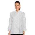 Woman wearing white long-sleeve chef jacket with double-breasted button front and mandarin collar