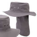 Grey cotton twill hat with wide brim, metal eyelets, and detachable neck flap for sun protection