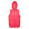 Coral red sleeveless zip hoodie with white drawcords and kangaroo pocket on white background
