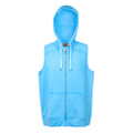Sky blue sleeveless zip hoodie with white drawstrings and kangaroo pocket on white background