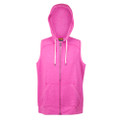 Hot pink sleeveless zip hoodie with white drawstrings and kangaroo pocket on plain background