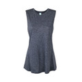 Charcoal heather sleeveless tank top with crew neck and relaxed flared hem on white background