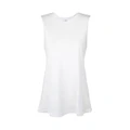 White sleeveless tank top with relaxed fit and curved hem, front view on plain background