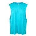 Aqua blue heather mens sleeveless tank top with crew neck and wide armhole cut, flat lay