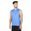 Heather blue muscle tank with crew neck and wide armholes shown on male model