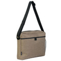 Sand heathered canvas-like satchel with black shoulder strap, front zip pocket and side mesh bottle holder