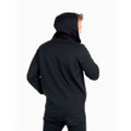Back view of navy polar fleece hoodie jacket with hood up showing smooth finish and ribbed hem