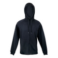 Navy polar fleece zip-up hoodie with drawstrings and ribbed cuffs
