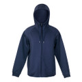 Navy polar fleece zip-up hoodie jacket with drawstring hood and side pockets on white background