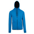 Sapphire blue fleece hoodie with black contrast hood lining and full-length zip fastening