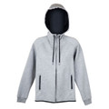 Grey marle zip-up hoodie with contrasting navy lining and trim, featuring front zipper pockets with black detail