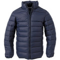 Kids navy blue lightweight puffer jacket with stand collar, front zip, quilted horizontal panels and side pockets