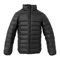 Charcoal grey puffer jacket with horizontal quilted panels and full-length front zipper
