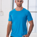 Bright cyan blue short sleeve performance tee with crew neck and moisture-wicking fabric finish