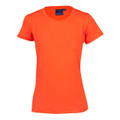 Neon orange women's crew neck sports tee with short sleeves and smooth front panel