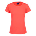 Coral orange women's short sleeve crew neck sports tee with smooth flat front panel and fitted cut