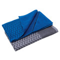 Royal blue and charcoal grey folded gym towels with chevron texture pattern and zippered pocket detail