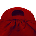 Close-up of red microfibre kids legionnaire cap showing elasticated neck flap and structured brim underside