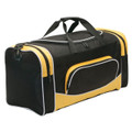 Black sports duffel bag with gold contrast panels, white piping trim, and dual carry handles