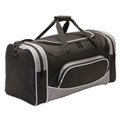 Black sports bag with grey contrast panels and white piping detail, featuring dual carry handles and shoulder strap
